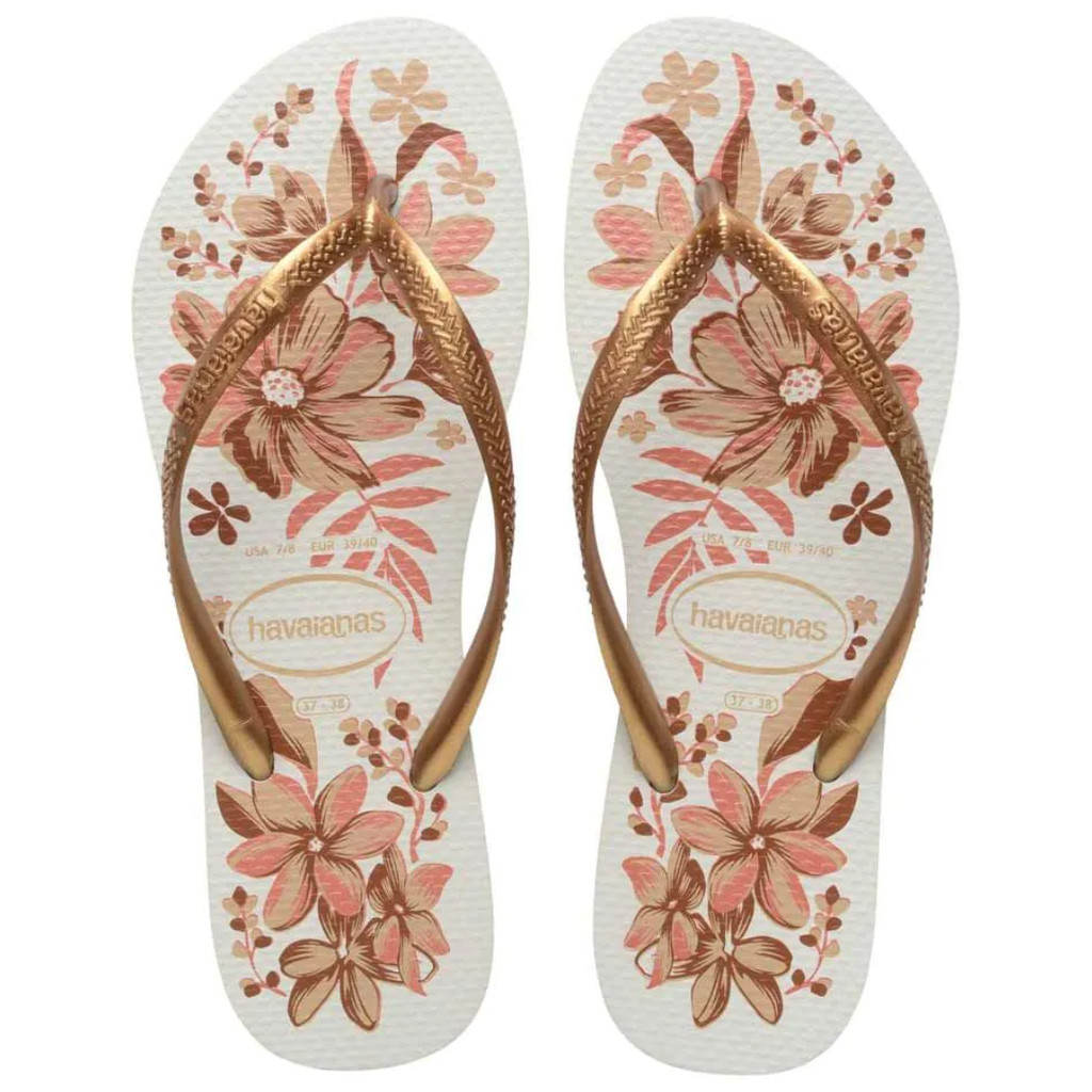 Chinelo Havaianas Feminino Estampada Slim Organic Branco/Dourado Sandália Floral Chinela Original