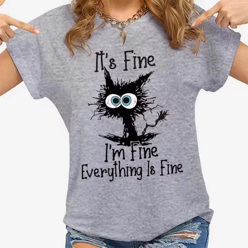 Camiseta Gato It's 'fine I'm Fine Verão Moda Casual Tendencia Meme