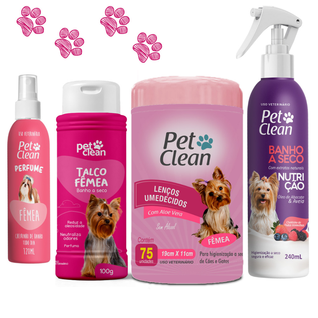 KIT Banho a Seco Premium, Lenço Fêmea, Talco Fêmea e Perfume Fêmea Pet Clean p/ Cachorro e Gato