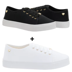 Kit 2 Tênis Feminino Branco Preto Ping Coração Casual Confortável