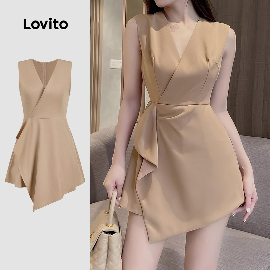 Lovito Vestido Cáqui Básico Elegante Com Zíper Liso Para Primavera/verão Para Mulheres L134LD309 em Oferta na Shopee