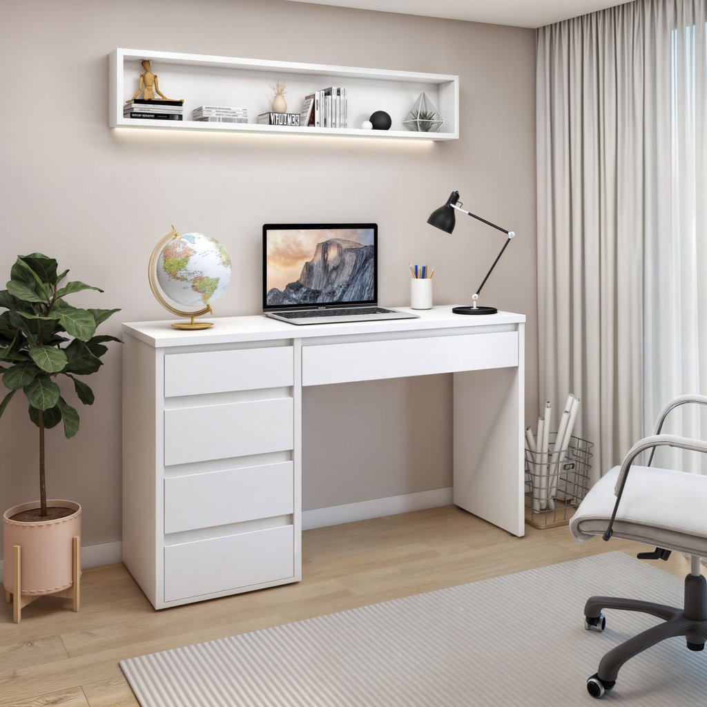 Escrivaninha 5 Gavetas 136cm 100% MDF Berlim Yescasa Branco em Oferta na Shopee