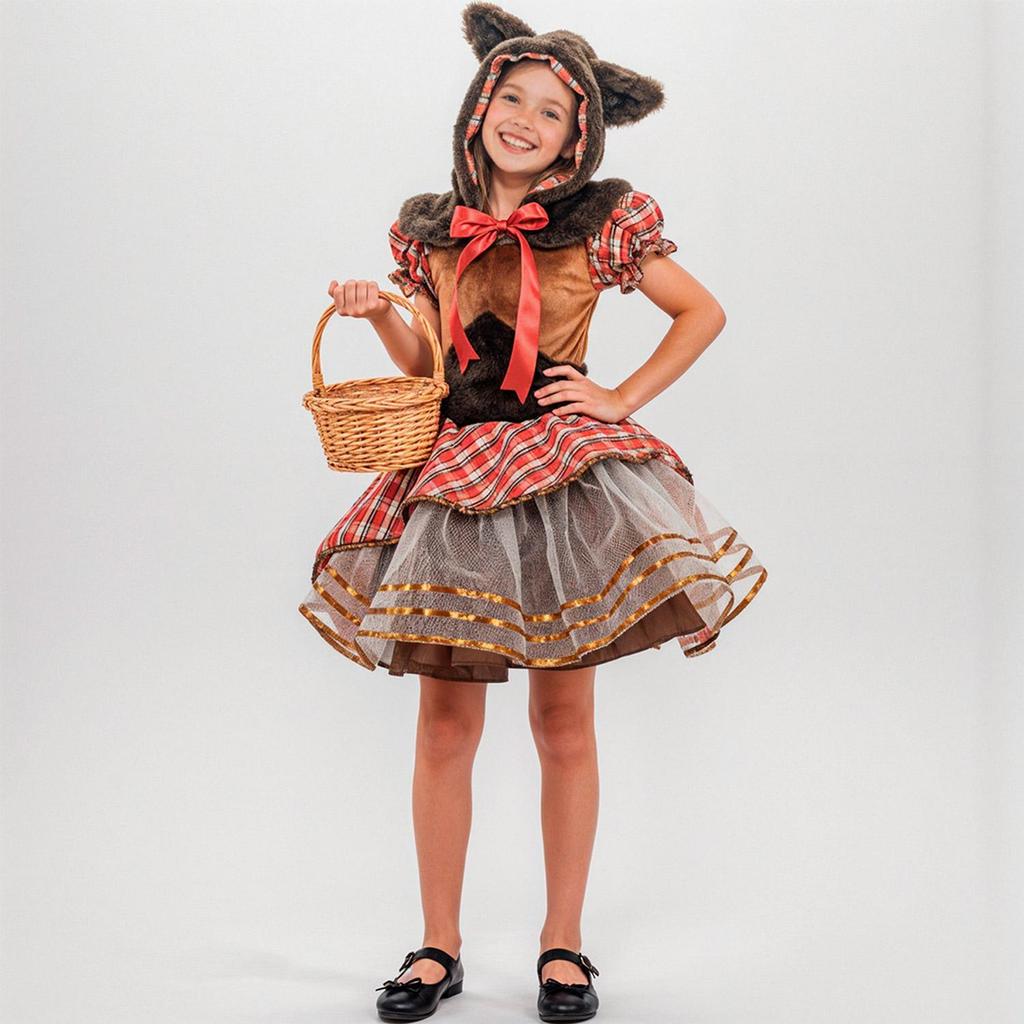 Fantasia Infantil Feminina de Lobinha Lobo de Luxo com Vestido Xadrez Rodado e Capuz com Pelinhos em Oferta na Shopee