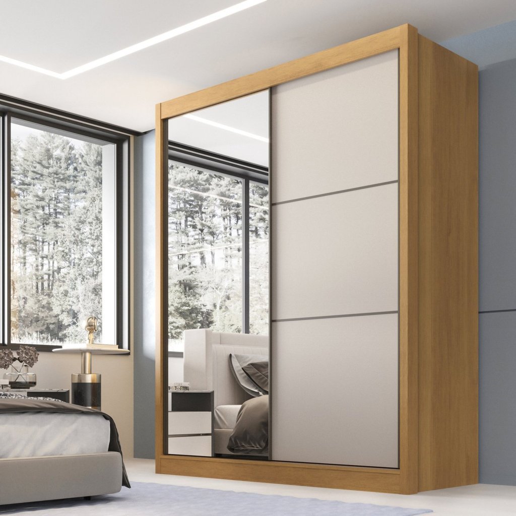 Guarda Roupa Casal 2 Portas 3 Gavetas com Espelho 100% Mdf Grécia Cinamomo/Off White em Oferta na Shopee