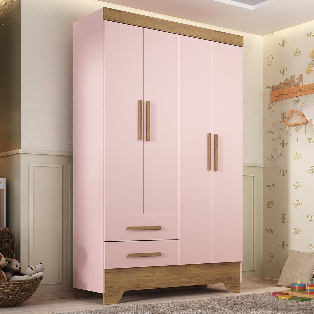 Guarda Roupa Infantil 4 Portas 2 Gavetas Rosa/Natural Tic Tac Espresso Móveis Rosa Fosco/Natural em Oferta na Shopee