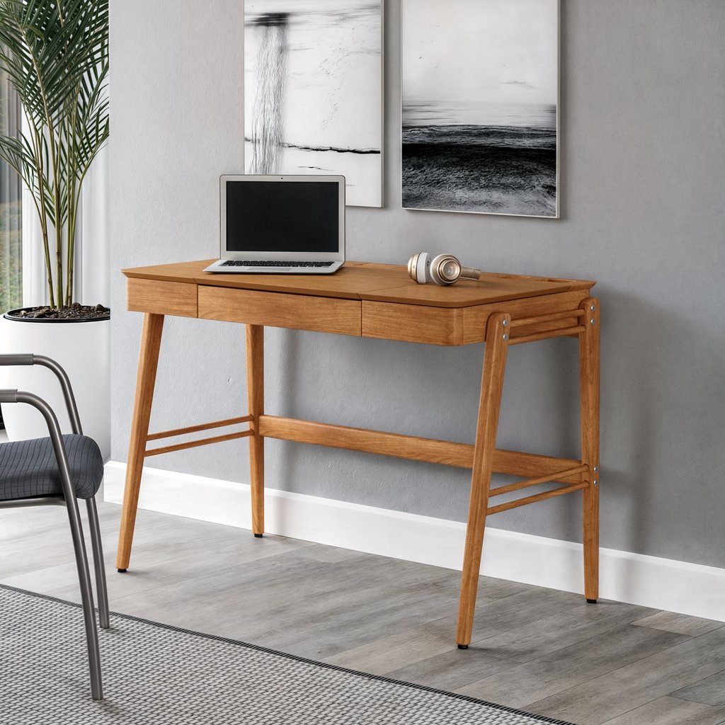 Escrivaninha Mesa Escritório 111cm Madeira Maciça com Gaveta Nichos e Porta-Canetas Joy Champagne em Oferta na Shopee