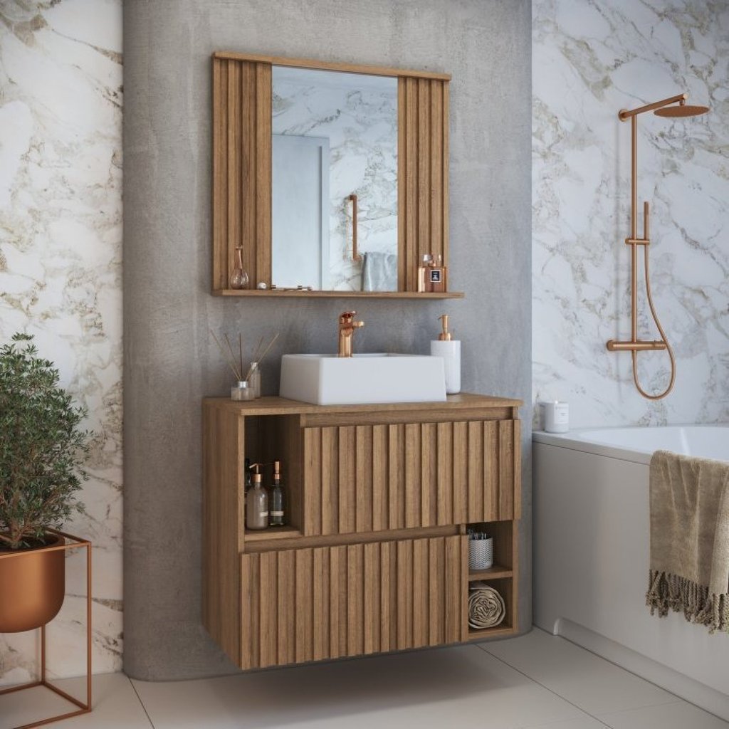 Conjunto para Banheiro Gabinete Suspenso 75cm com Cuba e Espelheira Ripada Luiza Mel/Branco em Oferta na Shopee