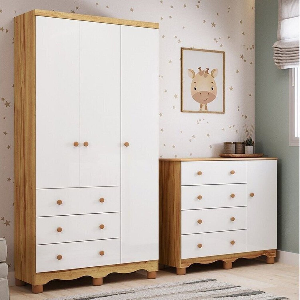 Quarto Infantil com Guarda-roupa 3 Portas e Cômoda 1 Porta 100% Mdf Mimo Espresso Móveis Branco Brilho/Amêndoa em Oferta na Shopee