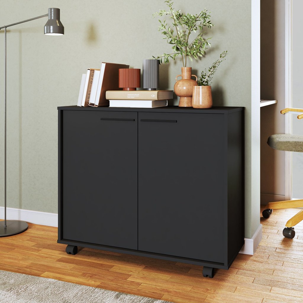 Armário para Escritório Baixo 2 Portas 2 Prateleiras com Rodízios MDP Preto BHO 74 em Oferta na Shopee