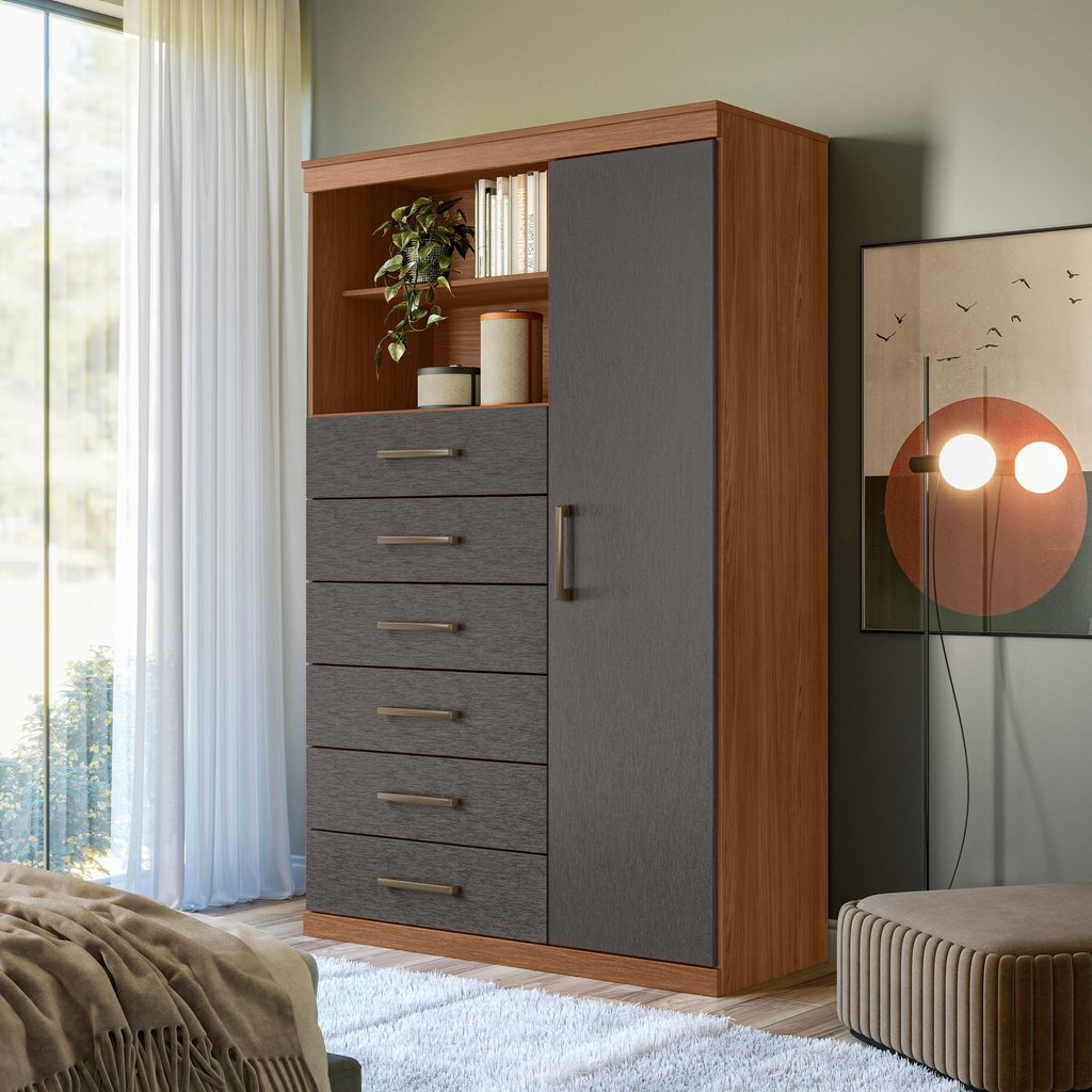 Multi-Cômoda 1 Porta 6 Gavetas Marabá   Jatoba/Grafite em Oferta na Shopee