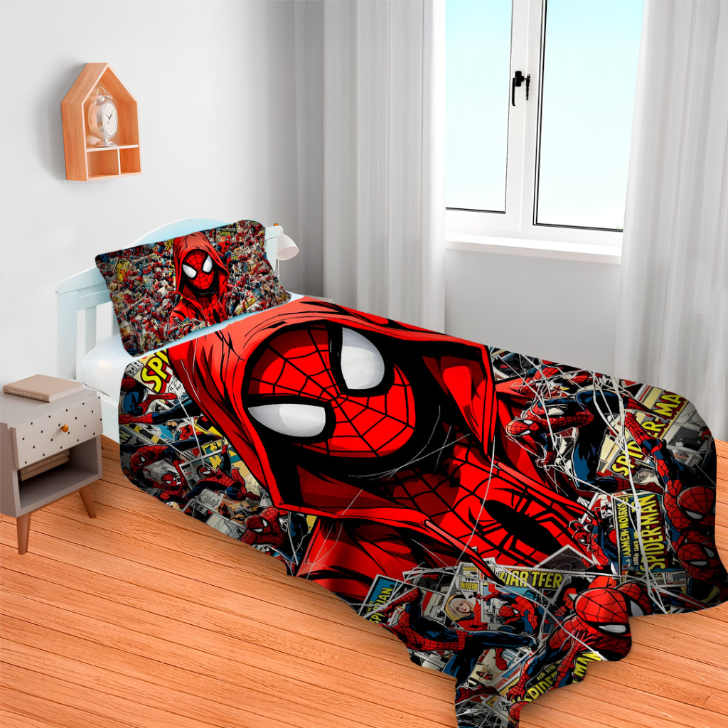 Lençol Cobre Leito Solteiro e Fronha Homem Aranha Criança em Oferta na Shopee