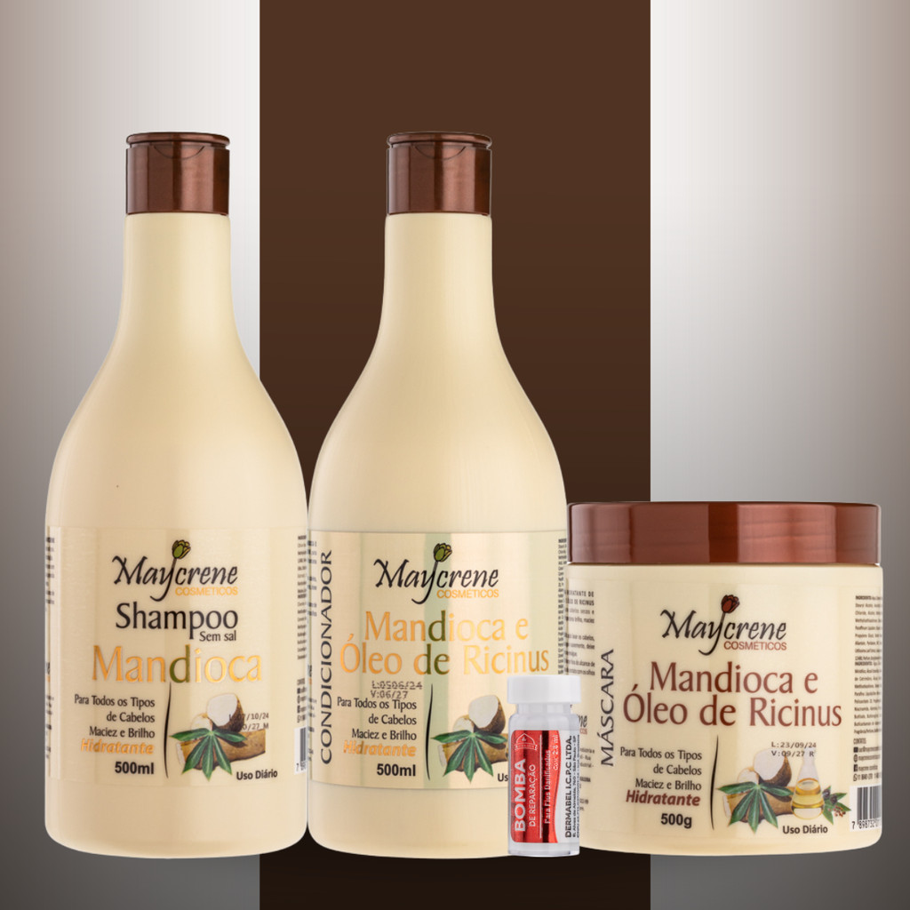 Kit Tratamento de Mandioca Shampoo Condicionador Máscara Capilar 500ml Maycrene Maciez e Brilho