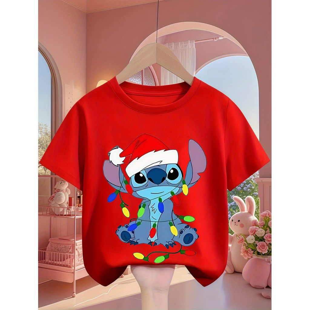 Camiseta Infantil Natal Stitch Estampa Desenho Animado para Meninas 100% Algodão Presente de Natal