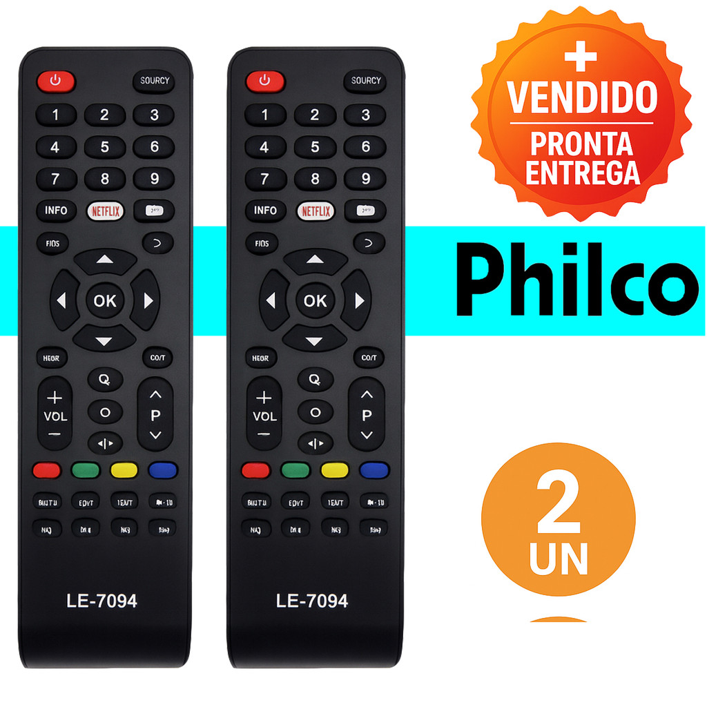Kit 2 Controle Remoto Compatível Smart TV Philco Led Lcd Botões de Atalho Plug and Play