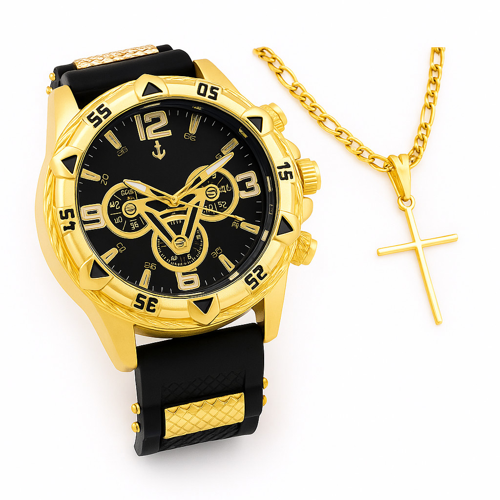 Kit Relógio Masculino + Pulseira Ouro Prata + Colar Cruz Estilo e Elegância