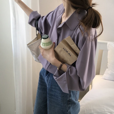 Outono japonês novo estilo Taro roxo manga comprida Chiffon camisa feminina Design nicho estilo ocidental cetim Drape to