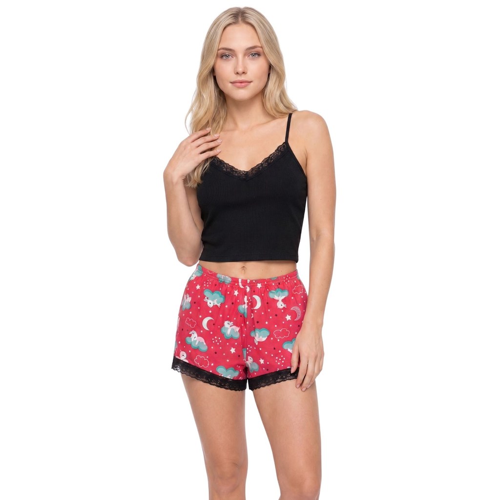 Pijama Baby Doll Cropped Canelado com Renda e Short Suede Estampado Adulto G GG M Leve Macio Premium