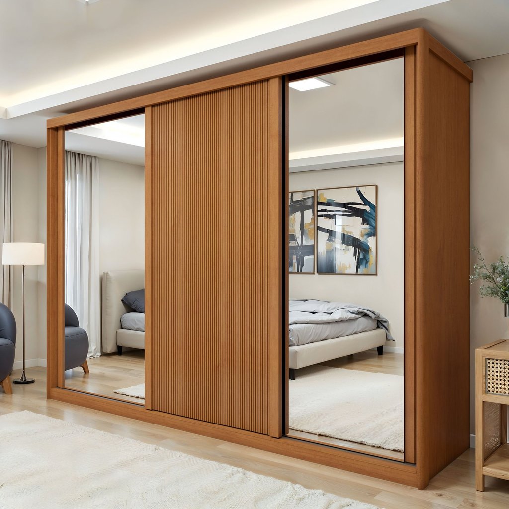 Guarda-Roupa Casal 3 Portas 6 Gavetas com Espelho MDF 274cm Ollie Yescasa Marrom Amêndoa Clean/Off White Amêndoa