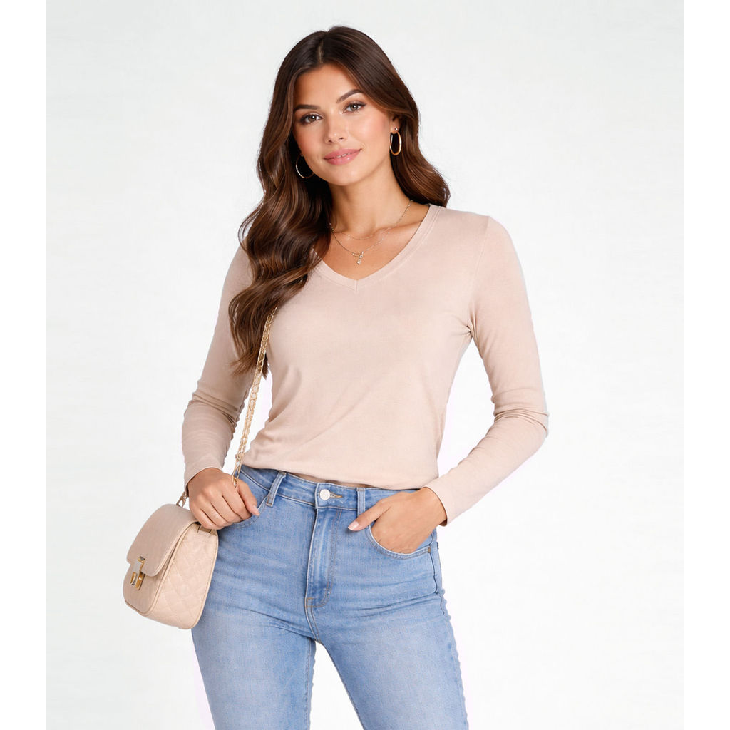 Blusa Manga Longa Decote V Básica Select Marrom