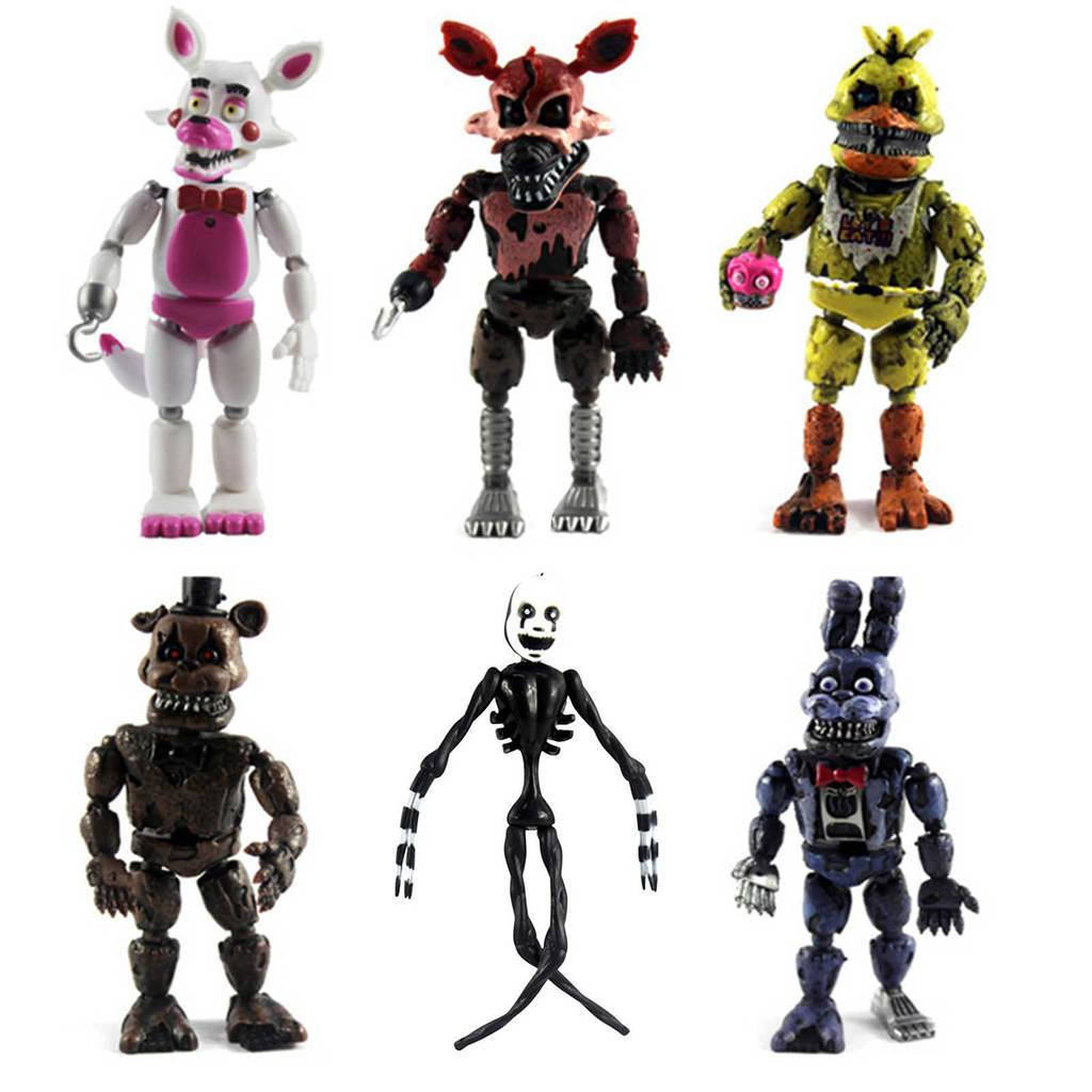 Conjunto de 6 brinquedos modelo FNAF, com personagens como Freddy, Bonnie, Fox e Fazbear, feito de material PVC, adequad