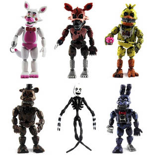 Conjunto de 6 brinquedos modelo FNAF, com personagens como Freddy, Bonnie, Fox e Fazbear, feito de material PVC, adequad