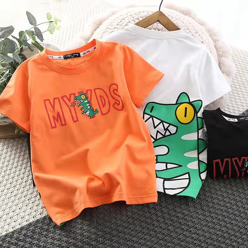 Bonito dinossauro ~ meninos Anime dos desenhos animados camiseta de manga curta crianças estiramento puro algodão solto 