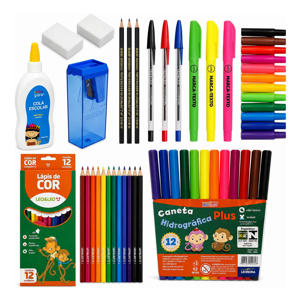 Kit Material Escolar Completo Infantil Volta às Aulas Lápis de Cor Canetinhas Cola Marca Texto Apontador Borracha Caneta