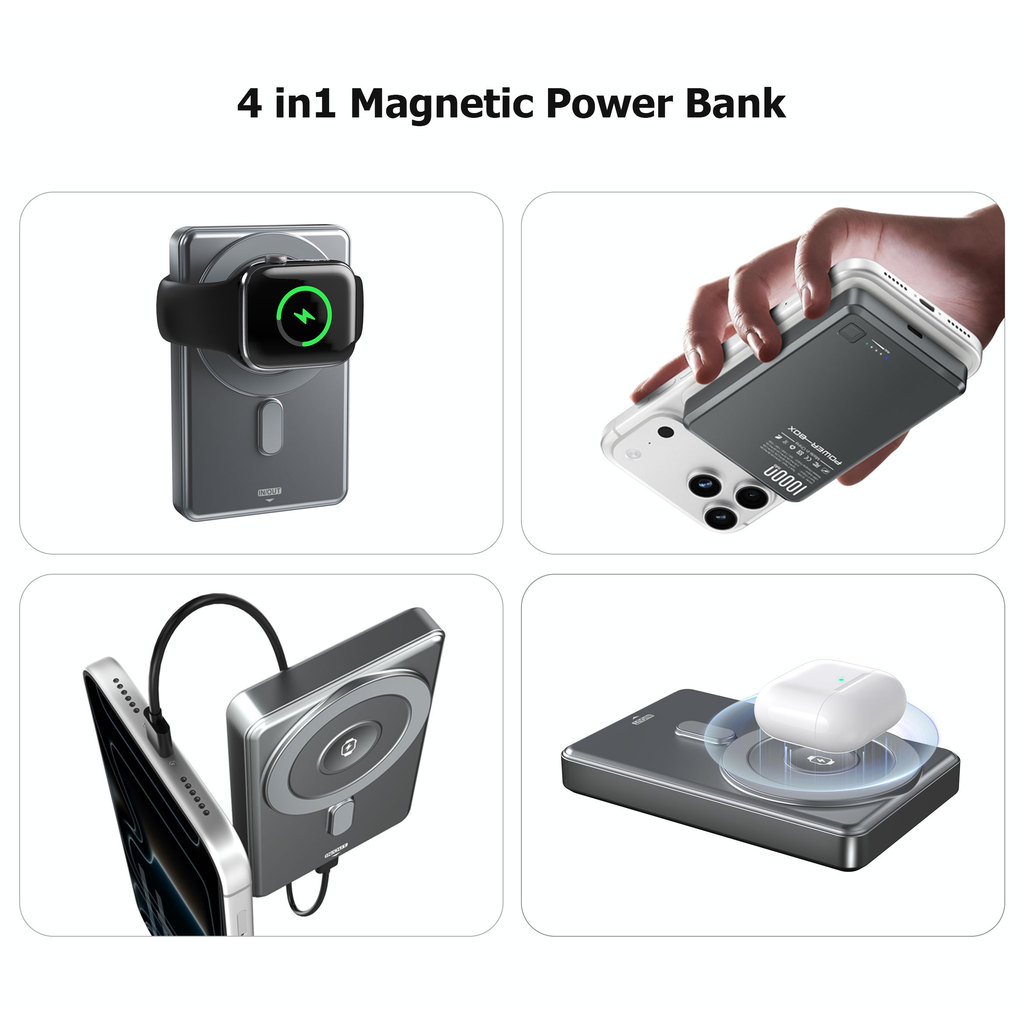 Power Bank Magnético 10000mAh em Alumínio com Carregador para Apple Watch e iPhone