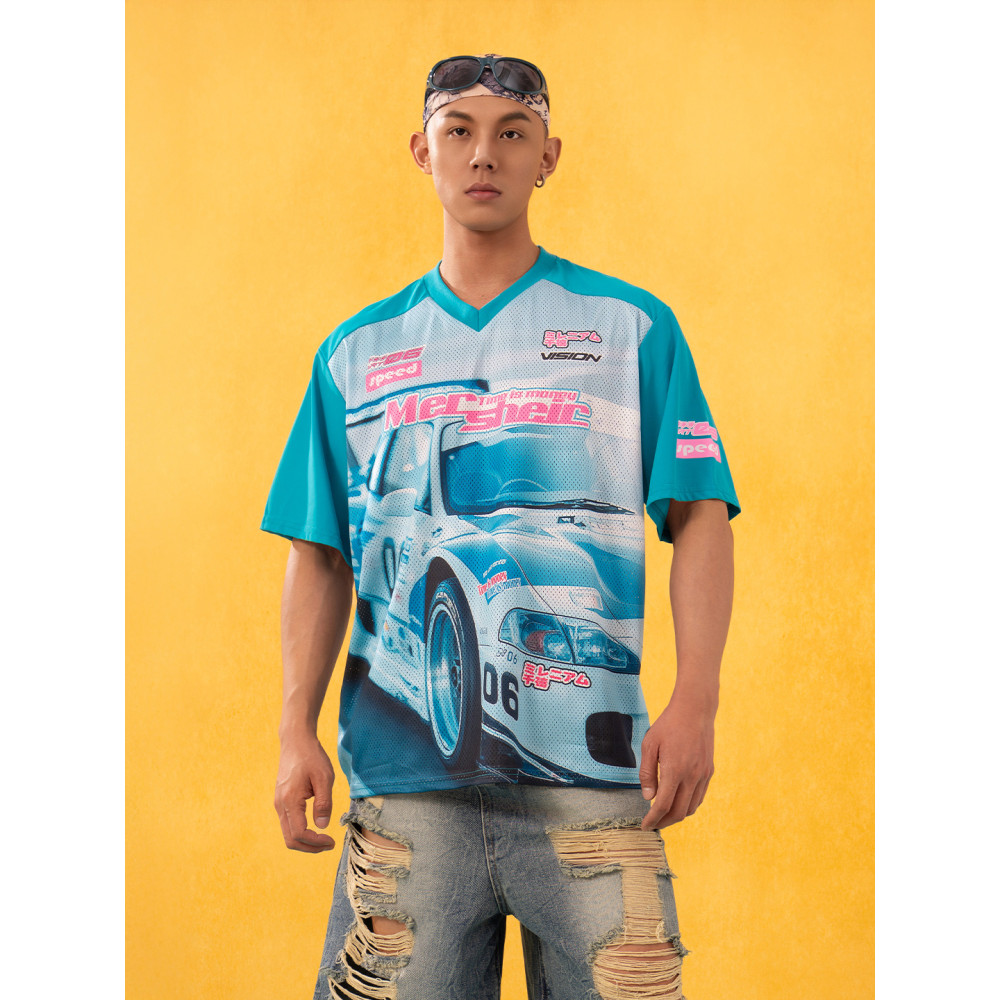 CLP Azul Preto Racing Print Sports Manga Curta Solta Camiseta Masculina Contorno Manga Raglan Respirável Casual Moda Ver
