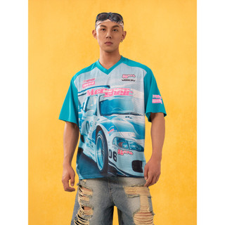 CLP Azul Preto Racing Print Sports Manga Curta Solta Camiseta Masculina Contorno Manga Raglan Respirável Casual Moda Ver