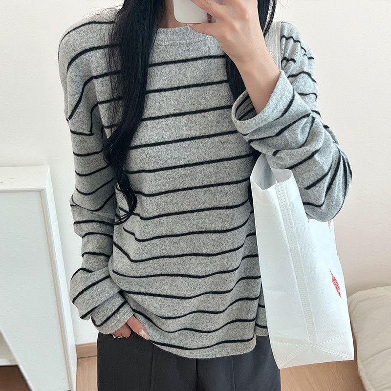 Camiseta feminina listrada com gola redonda escovada de manga comprida solta preguiçosa com Base combinada