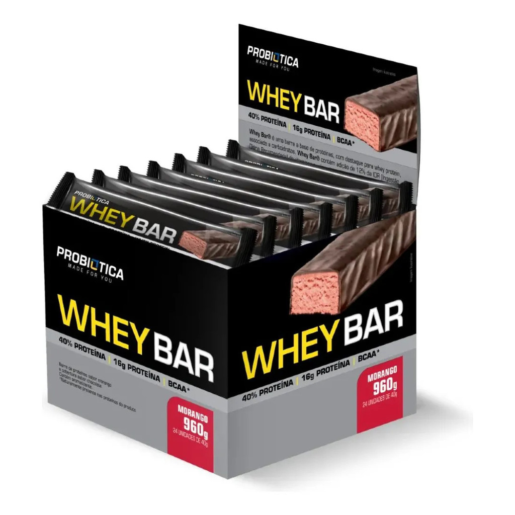 Whey Bar 24 Unidades Com 40g Cada Morango Probiótica