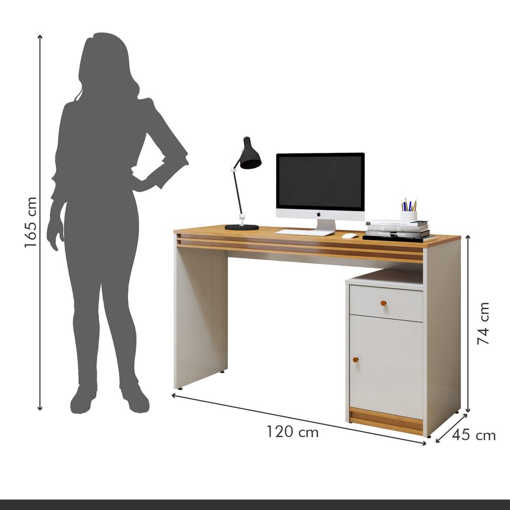 Escrivaninha Mesa Escritório 100% MDF Madrid 1 Porta 120cm Naturalle/Off White