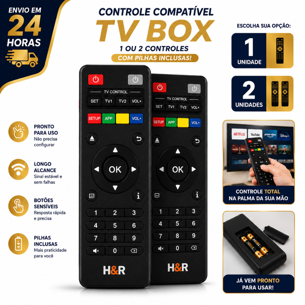 Controle Remoto 1 ou 2 Compatível Para Tv Box 4k 10 Metros Universal Inteligente Com Pilhas