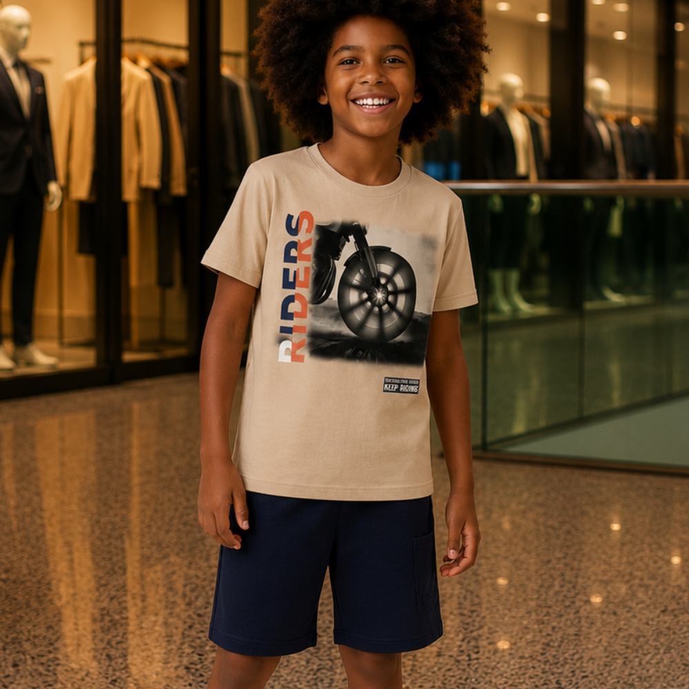 Conjunto Infantil Menino Kyly Camiseta Algodão Estampada Riders e Bermuda Moletinho
