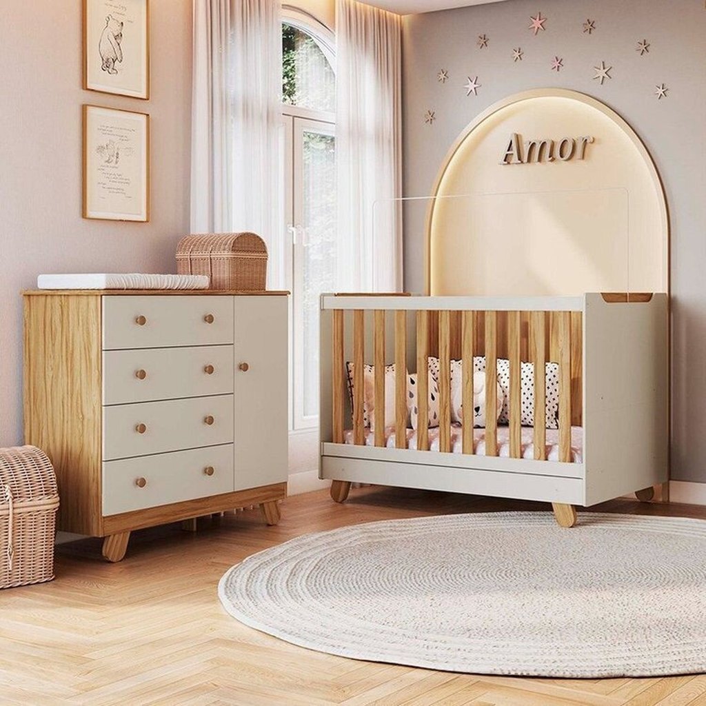 Quarto de Bebê Berço 4 em 1 e Cômoda 4 Gavetas 1 Porta 100% MDF Levy Yescasa Bege/Amêndoa/Off White Amêndoa/Off
