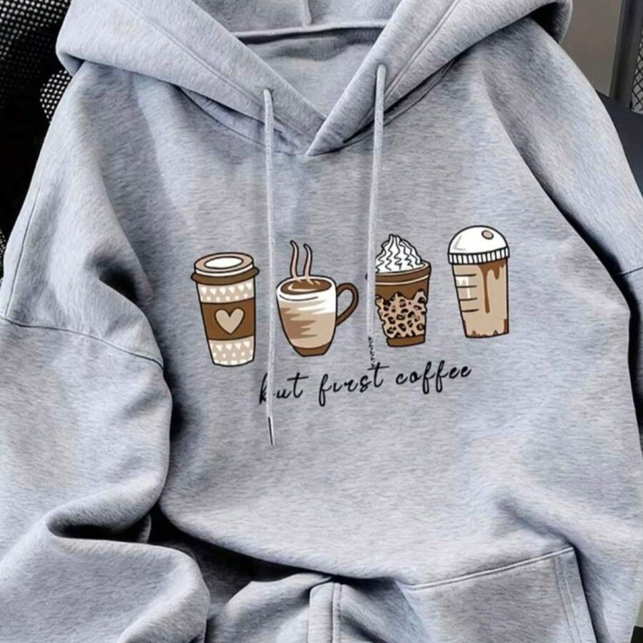 Moletom feminino Estampado Desenhos de Café Blusa com capuz flanelado canguru confortável casual Modelo Para o Inverno