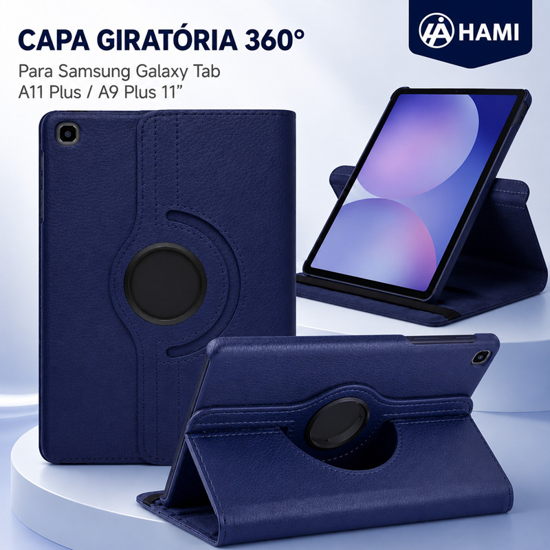 Capa de Samsung Tablet A9plus 11 polegadas - Giratória 360° em Couro com Suporte,Preto/Azul marinho