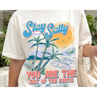 Camiseta Feminina Estampa Paisagem Tropical Letras Coloridas Confortável Linda Estilosa Moda Feminina Verão