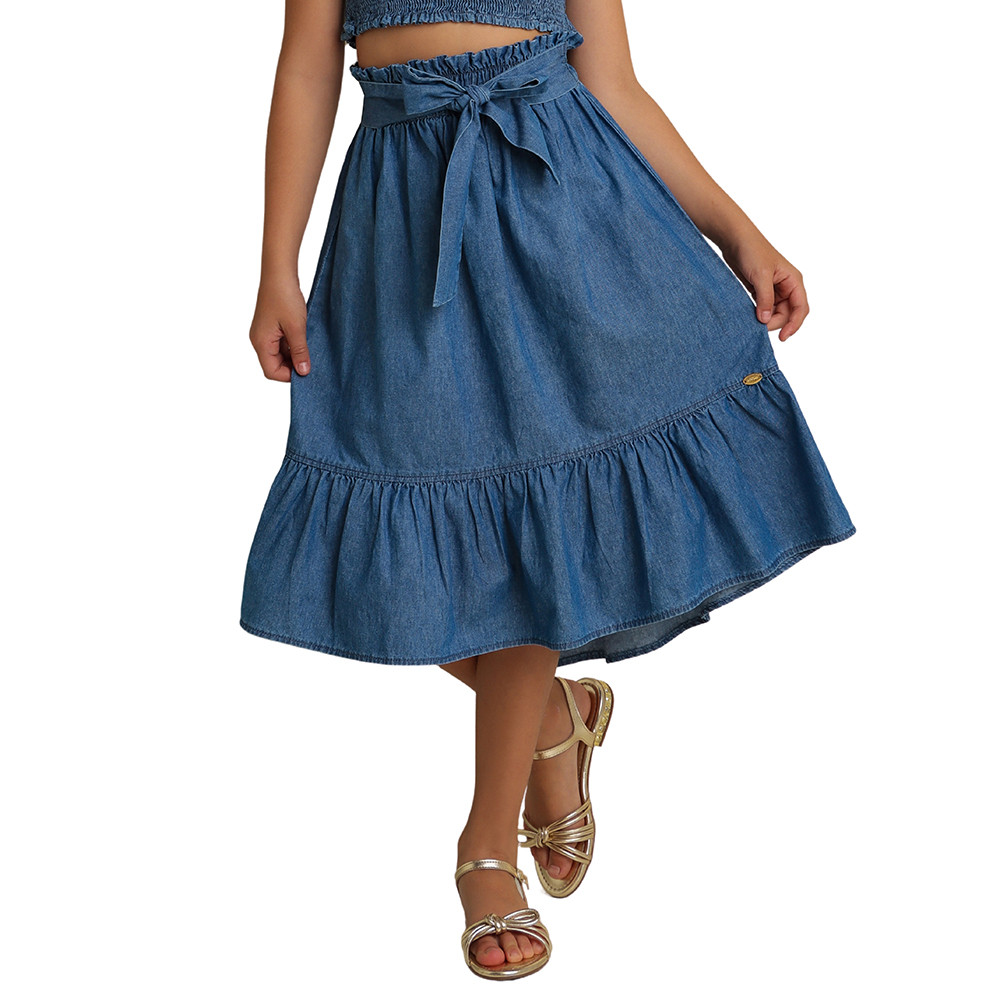 Saia Juvenil Look Jeans Mulet Midi Jeans