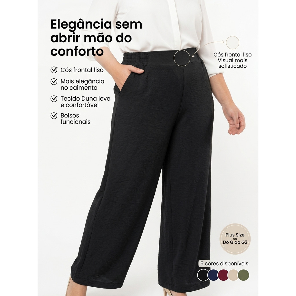 Calça Pantalona Plus Size Feminina Duna Cintura Alta com Bolso Cós Liso Elegante