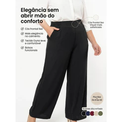 Calça Pantalona Plus Size Feminina Duna Cintura Alta com Bolso Cós Liso Elegante