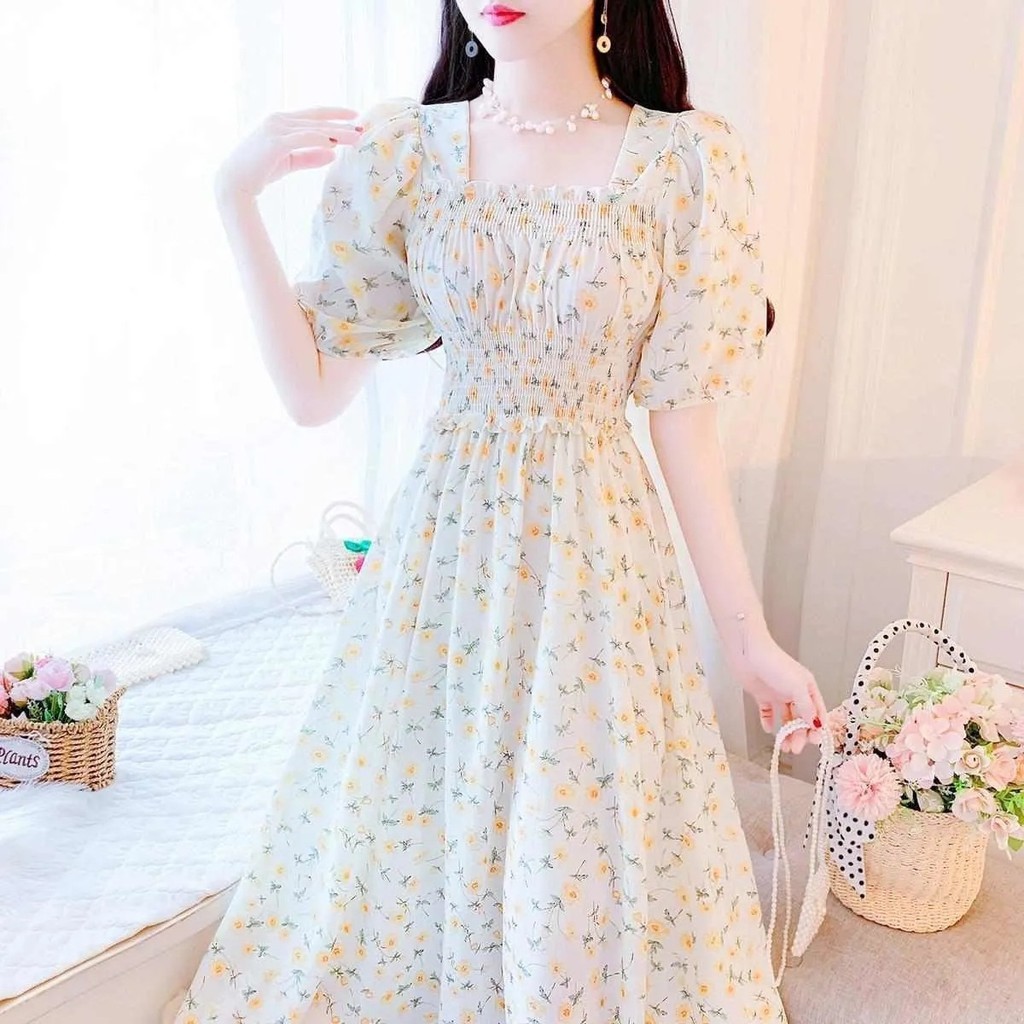 Chá Break vestido francês feminino verão novo estilo saia de fadas elegante pescoço quadrado Super fada saia linha a