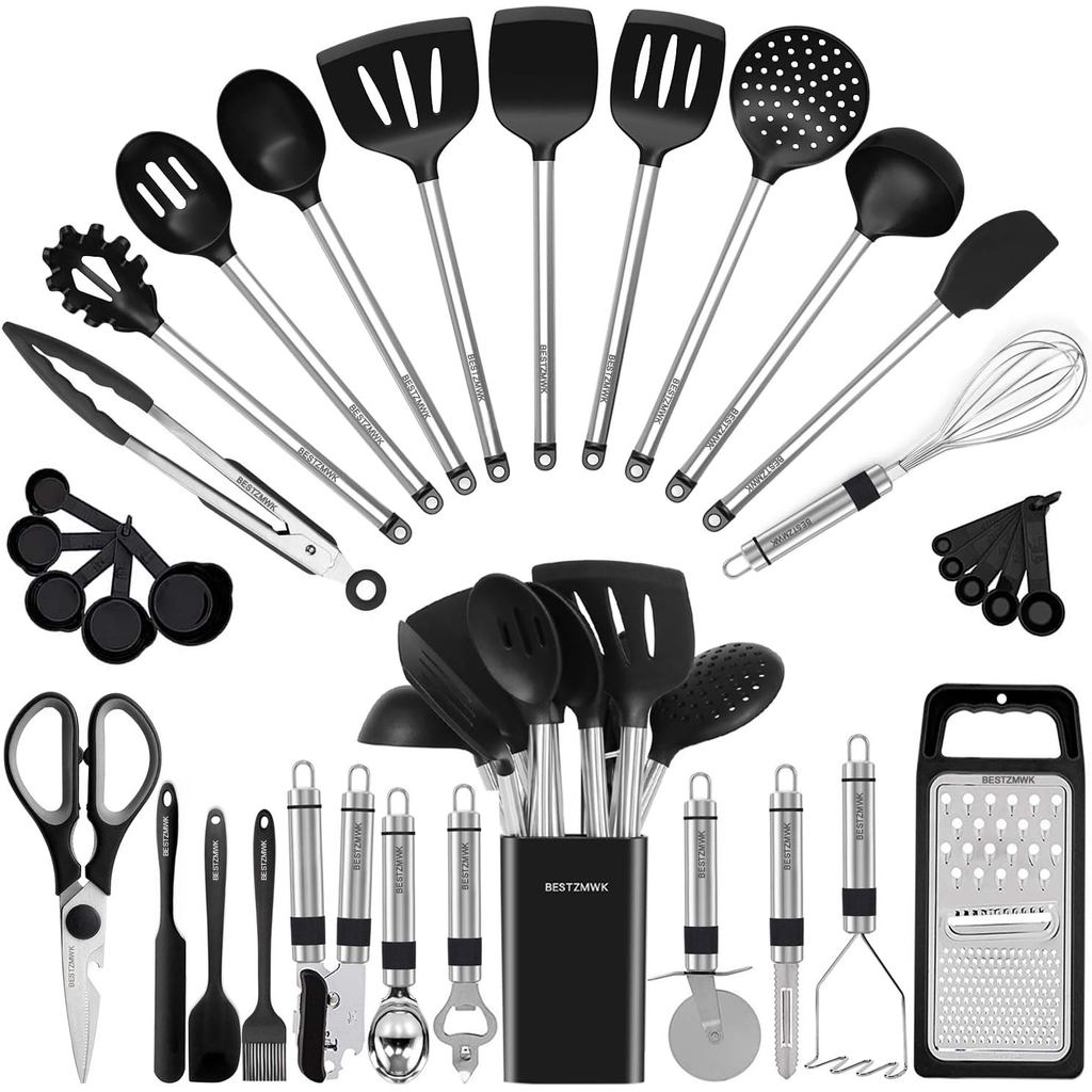 Conjunto De Utensílios De Cozinha-De Silicone-33 E Colheres Para Panelas Antiaderentes-Espátula Aço Inoxidável-Melhores 