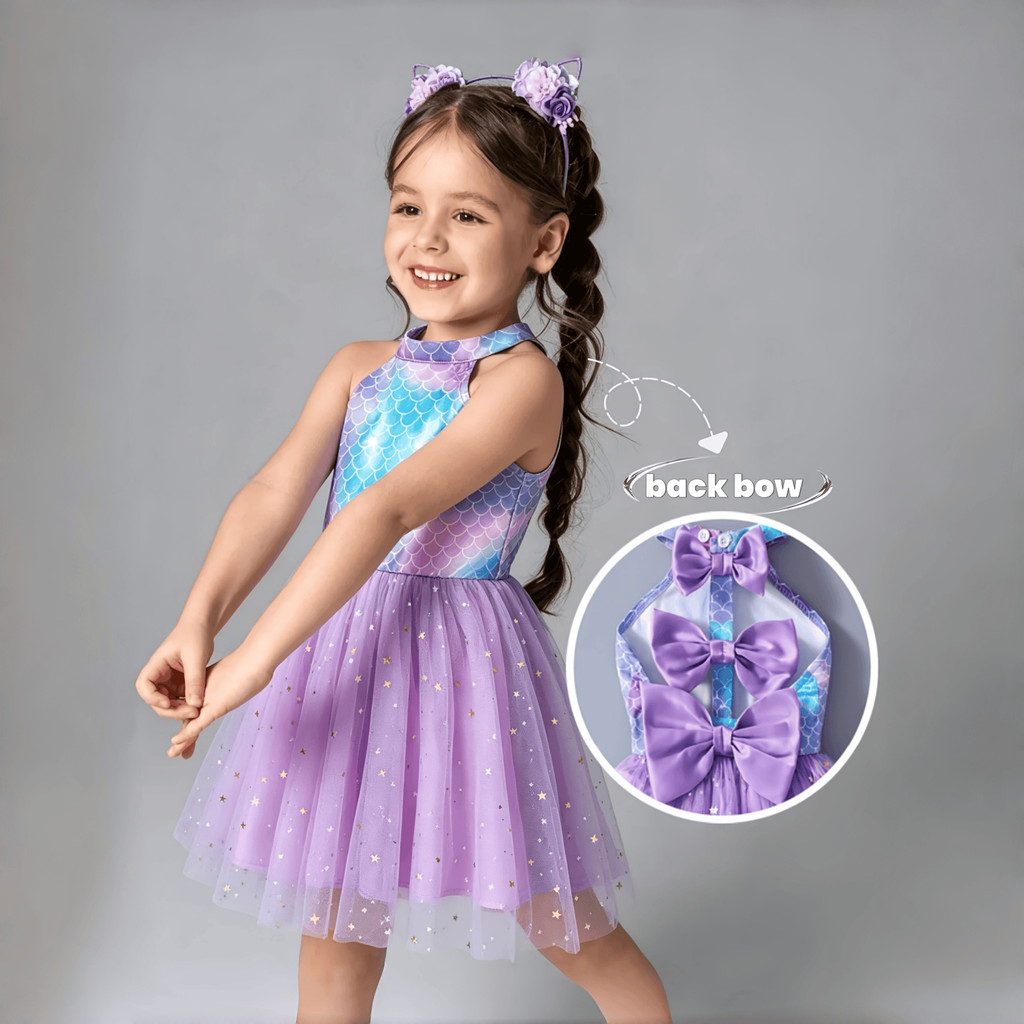 Vestido De Gaze Para Festa No Jardim De Verão Meninas De 4 A 7 Anos , Estampa De Escama De Peixe , Gola Redonda , Pescoç