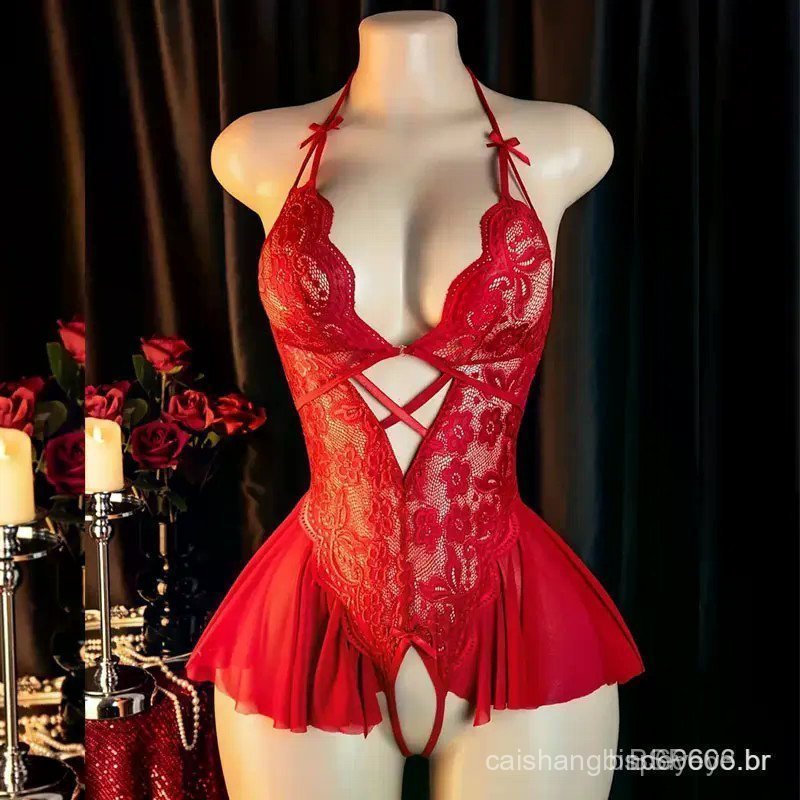 Corset de lingerie sexy com abertura frontal, decote em V profundo, sem entrepernas, lingerie de renda bordô para mulher