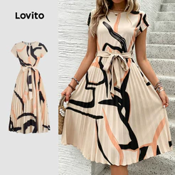 Lovito Vestido Casual Plissado com Cinto Cor Caqui Primavera/verão para mulheres LBL36066