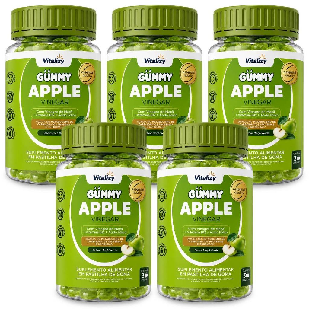 Kit 5x30 Gummy Vinagre de Maçã em Gomas Apple Cider Vinegar Zero Açúcar Sabor Maçã Verde Vitalizy