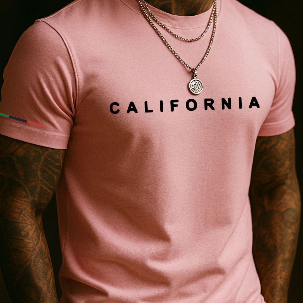 Camiseta Masculina California Preta Manga Curta Gola Redonda Estampada 100% Algodão Casual