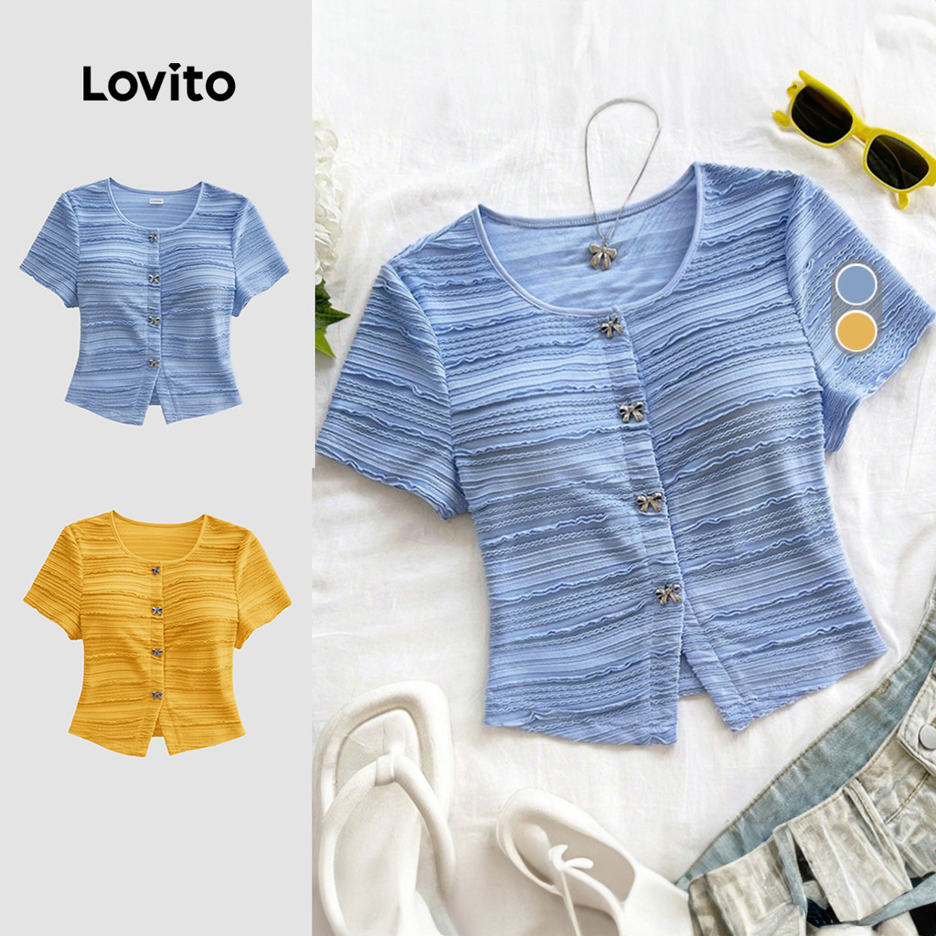 Lovito Camiseta Azul Claro Elegante Ideal para a Primavera/verão para mulheres LK5ED1555